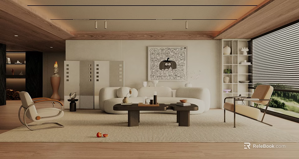 Modern Living Room Interior With White Sofa Wooden Coffee Table Area Rug And Decorative Artwork 3d model 