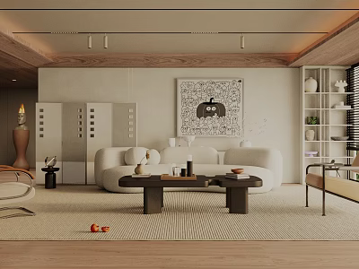 Modern Living Room Interior With White Sofa Wooden Coffee Table Area Rug And Decorative Artwork 3d model
