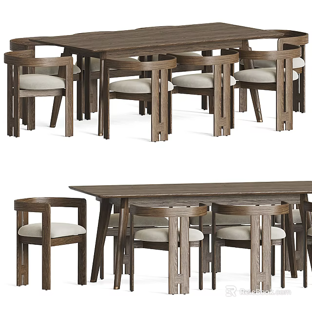 Modern Wooden Dining Table Set With Six Upholstered Chairs And Sturdy Frame 3d model 