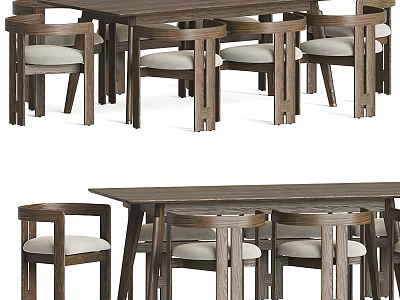 Modern Wooden Dining Table Set With Six Upholstered Chairs And Sturdy Frame 3d model