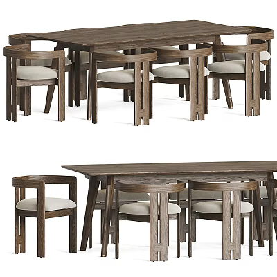 Modern Wooden Dining Table Set With Six Upholstered Chairs And Sturdy Frame 3d model
