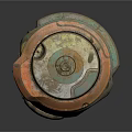 Vintage Weathered Mechanical Device with Orange Green Yellow Accents Circular Lens and Metallic Bolts