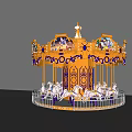 Carousel Amusement Ride With Colorful Canopy Yellow Blue Decorations White Horses And Round Enclosure