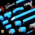 Various Blue Plumbing Pipes And Fittings With Plastic Tubes Metal Valves And Connectors