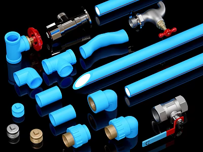 Various Blue Plumbing Pipes And Fittings With Plastic Tubes Metal Valves And Connectors 3d model