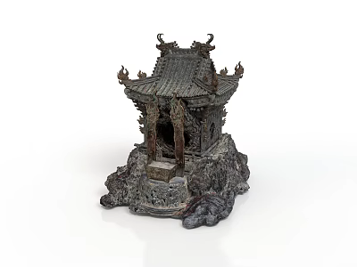 Traditional Chinese Pavilion Architecture With Ancient Bronze Colored Carved Eaves Roof And Rocky Base Structure 3d model