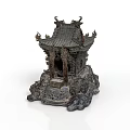 Traditional Chinese Pavilion Architecture With Ancient Bronze Colored Carved Eaves Roof And Rocky Base Structure