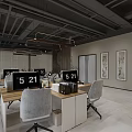 Modern Public Office Space Interior With Open Workstations Lattice Partition Wooden Bookshelves And Floor-to-Ceiling Windows