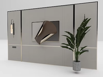 Modern Background Wall Design With Gray Metal Trim Decorative Painting And Green Plant 3d model