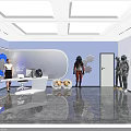 Public Office Space With Blue Walls Astronaut Models Ceiling Lights Moon Mural And Gear Decorations