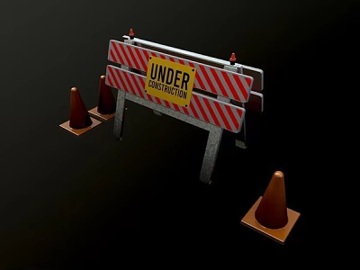 Road Construction Barriers With Under Construction Signs And Traffic Cones 3d model