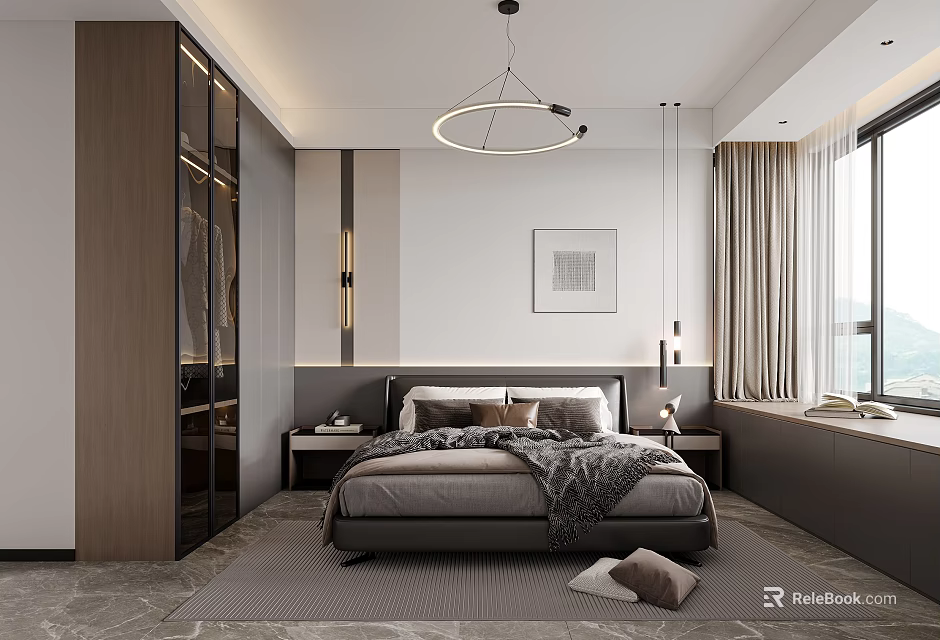 Elegant Modern Bedroom Interior With Platform Bed Wardrobe And Pendant Light 3d model