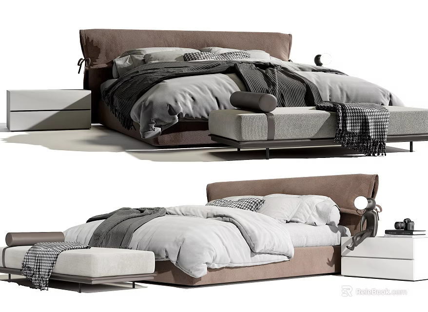 Modern Double Bed With Leather Headboard Gray Bedding Nightstand And Bench 3d model