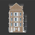 Multi Story Brick Residential Building With Gray Roof Windows And Fire Escape Stairs