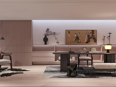 Elegant Study Room Interior With Art Decor And Modern Furniture 3d model