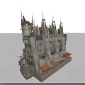 Medieval Stone Castle Structure With Spires Towers And Orange Banners Design