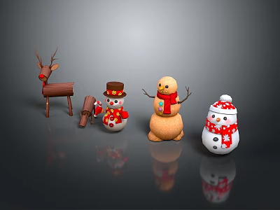 Festive Christmas Decorations Featuring Reindeer And Snowmen With Scarves And Hats 3d model