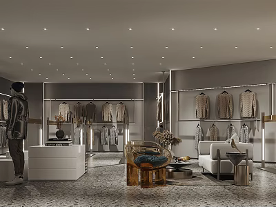 Elegant Clothing Store Interior With Displayed Clothes Mannequin Sofa Coffee Table And Patterned Floor 3d model