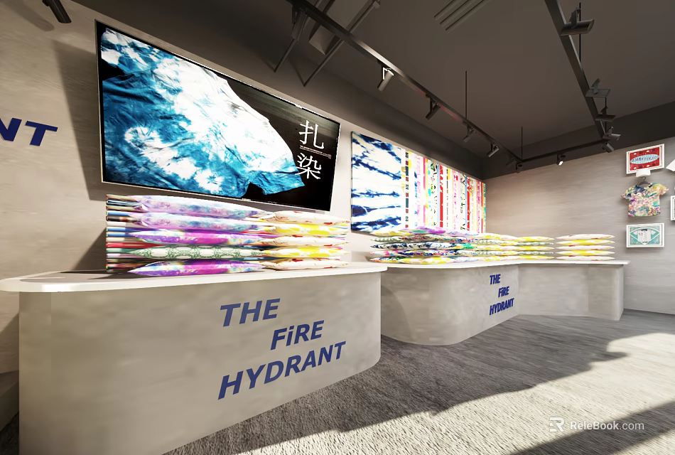 THE FIRE HYDRANT Tie Dye Specialty Store With Colorful Display Counters And Large Screen 3d model 
