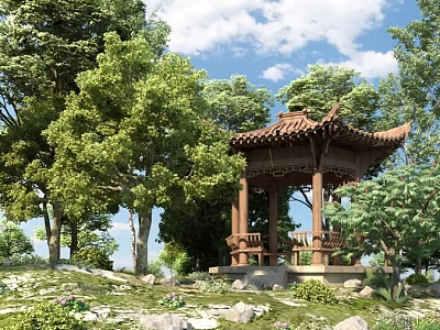Tranquil Waterside Landscape With Chinese Pavilion Lush Trees Green Grass Rocks And Blue Sky 3d model