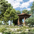 Tranquil Waterside Landscape With Chinese Pavilion Lush Trees Green Grass Rocks And Blue Sky