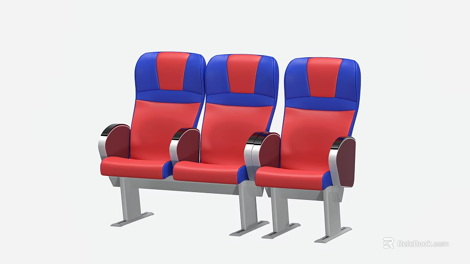 Public Chairs With Red And Blue Upholstery Backrest And Armrests In Row 3d model 