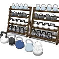 Fitness Kettlebells in Various Colors Displayed on Wooden Racks with Plaid and Textured Designs