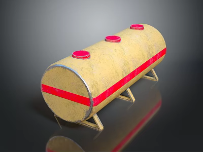 Yellow Cylindrical Storage Tank With Red Stripes And Three Red Lids On Metal Stand 3d model
