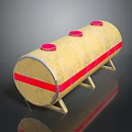 Yellow Cylindrical Storage Tank With Red Stripes And Three Red Lids On Metal Stand