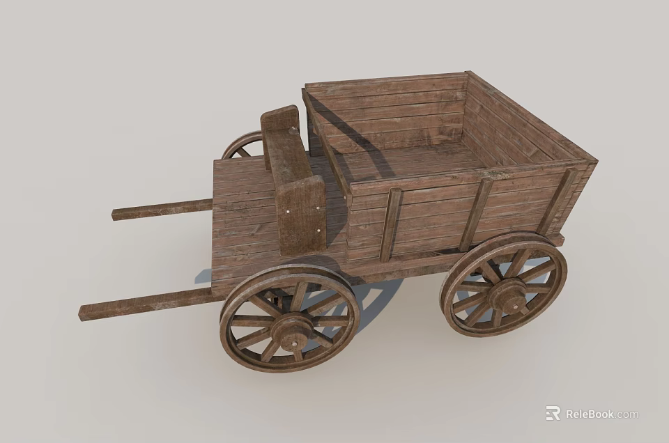 Vintage Wooden Cart with Large Spoked Wheels and Open Cargo Structure 3d model 
