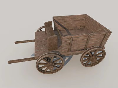 Vintage Wooden Cart with Large Spoked Wheels and Open Cargo Structure 3d model