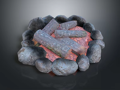 Outdoor Stone Circle Campfire Structure With Burning Logs And Warm Red Flames 3d model
