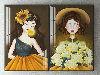 Vibrant Portrait Paintings of Girls with Sunflower Hat Yellow Dress and White Flowers 3d model