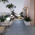 Courtyard Garden Design With Various Plants Outdoor Seating Paved Floor And Ambient Lighting