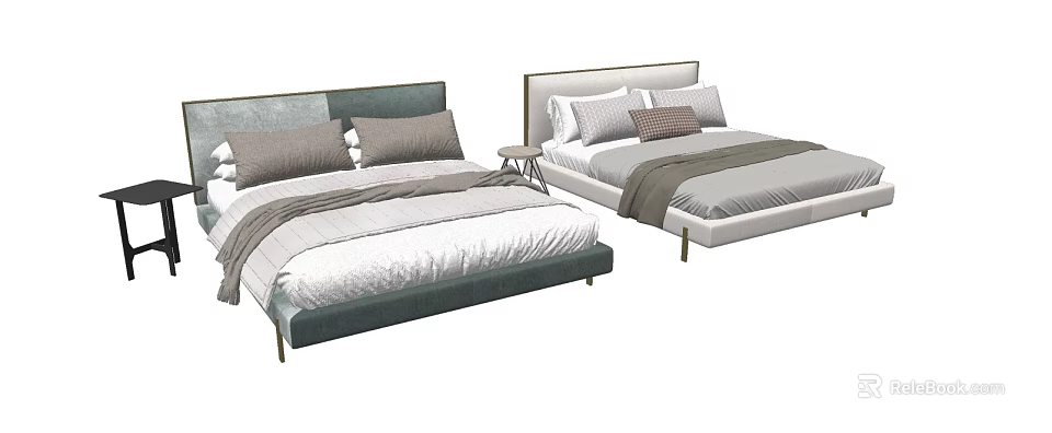 Double Bed Designs With Green And Neutral Headboards Pillows And Bedside Table 3d model 