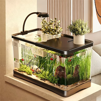 Decorative Aquarium Fish Tank With Green Plants Red Fish Rocks And Potted Plants On Lid 3d model