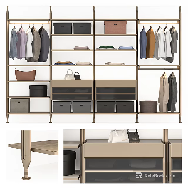 Modern Design Metal Clothes Rack With Open Shelves Drawers And Storage Bags 3d model 
