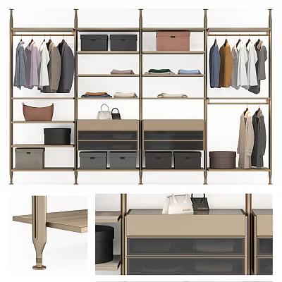 Modern Design Metal Clothes Rack With Open Shelves Drawers And Storage Bags 3d model
