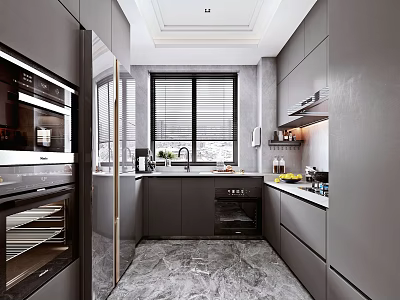 Modern Kitchen Interior With Gray Cabinets Marble Floor And Window Appliances 3d model
