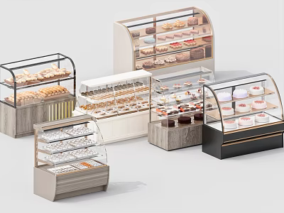 Various Styles Of Glass Door Pastry Display Cases With Assorted Desserts And Cakes 3d model