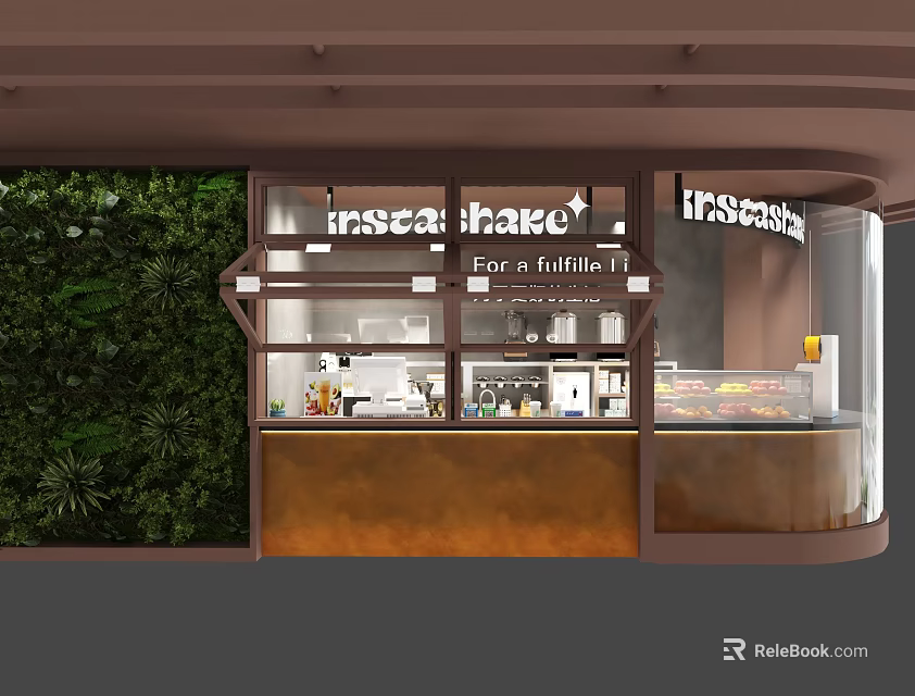 Oscar Bake Bakery Storefront With Green Plant Wall And Glass Display Windows 3d model 