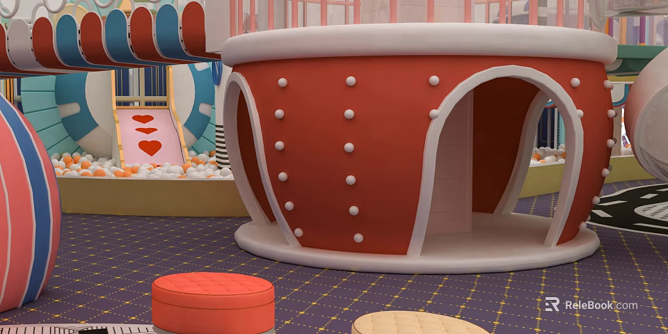 Playground With Red Drum Shaped Structure Orange Padded Stools And Purple Mat 3d model
