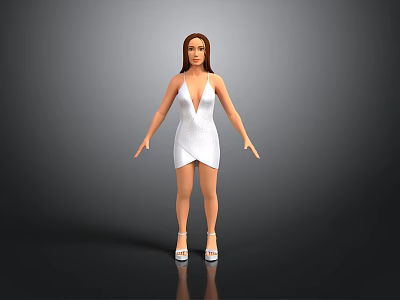 Woman In White Spaghetti Strap Short Dress With High Heels On Black Background 3d model