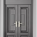 Dark Colored Double Doors With Various Decorative Designs And Metal Handles