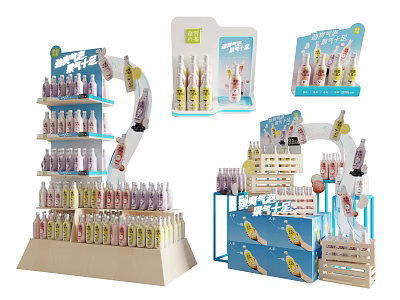 Bottled Beverage Promotional Display Racks with Creative Shelf Designs and Colorful Bottles 3d model