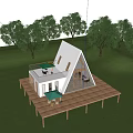 Modern A-Frame Guesthouse With White Exterior Wooden Deck Surrounded By Green Trees And Lawn