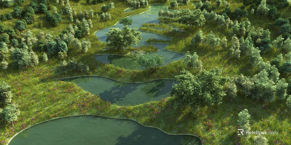 Natural Park Landscape With Winding Ponds Green Trees And Lush Grassland 3d model 