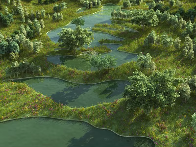Natural Park Landscape With Winding Ponds Green Trees And Lush Grassland 3d model