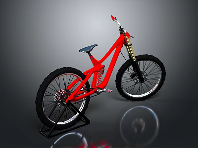 Red Frame Mountain Bike With Black Wheels Seat And Stand On Reflective Grey Background 3d model