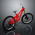 Red Frame Mountain Bike With Black Wheels Seat And Stand On Reflective Grey Background